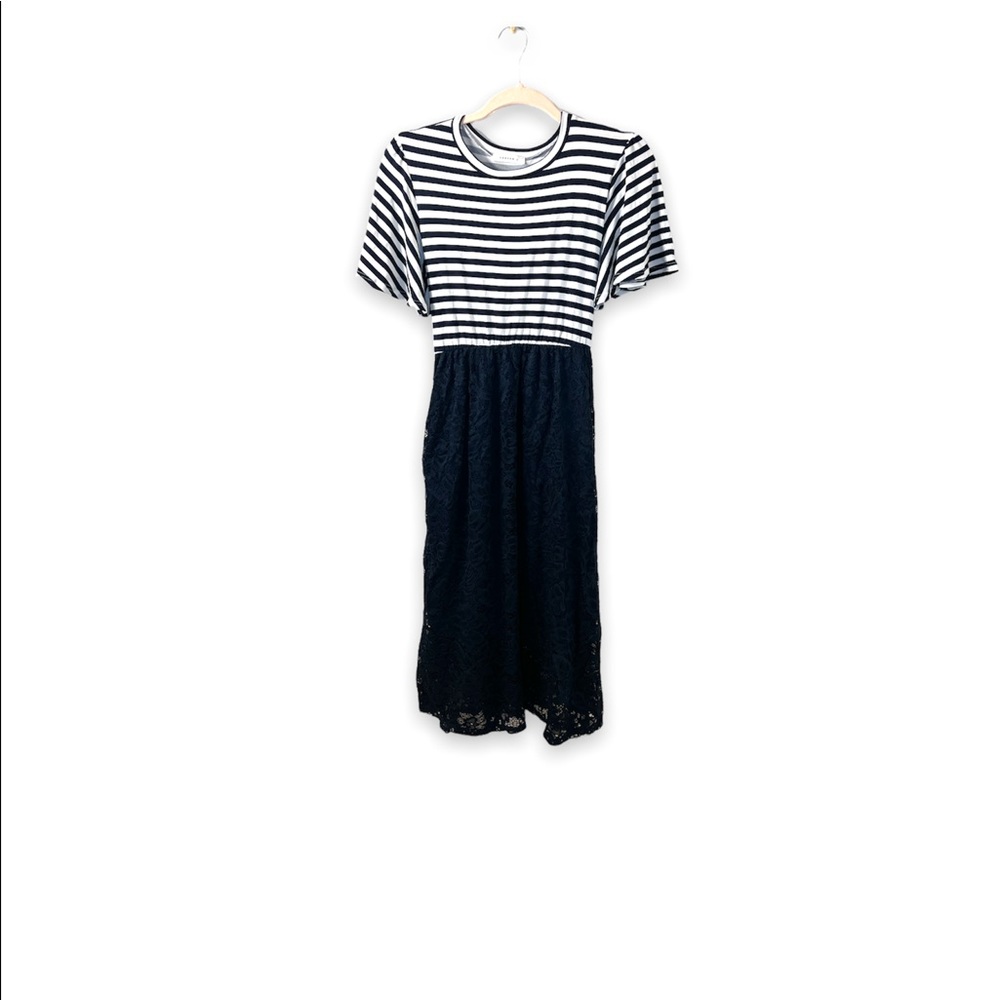 Navy and White Striped Dress with Lace Skirt